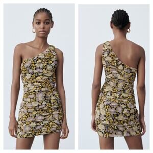 Zara Floral Ruched One Shoulder Mini Dress 